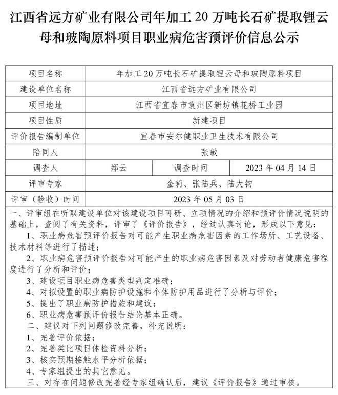 （預(yù)評價信息公示）江西省遠(yuǎn)方礦業(yè)有限公司年加工20萬噸長石礦提取鋰云母和玻陶原料項(xiàng)目職業(yè)病危害.jpg